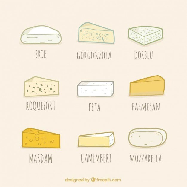 Colección de tipos de queso, dibujados a mano 