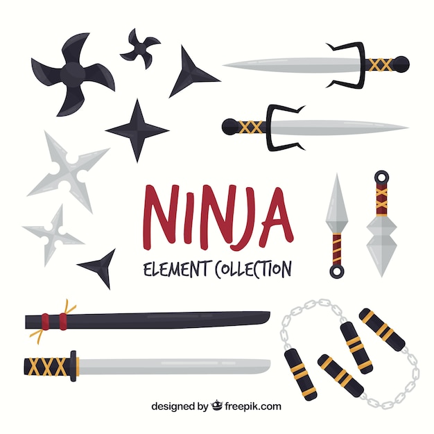 Colección tradicional de elementos de ninja con diseño plano