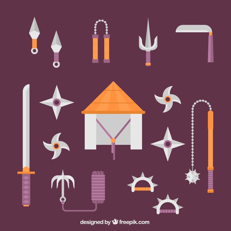 Vector gratuito colección tradicional de elementos de ninja con diseño plano
