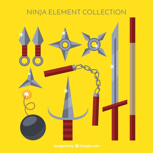 Colección tradicional de elementos ninja con diseño plano