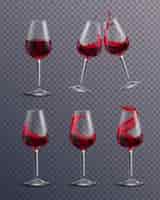 Vector gratuito colección transparente realista de vasos llenos de vino tinto