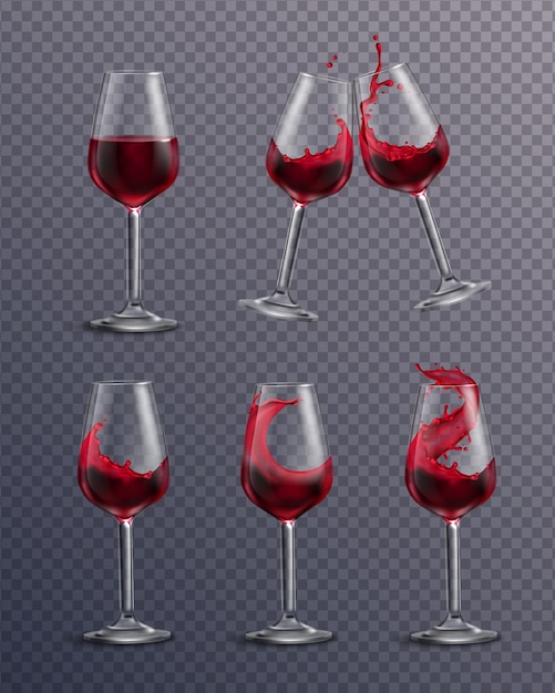 Colección transparente realista de vasos llenos de vino tinto