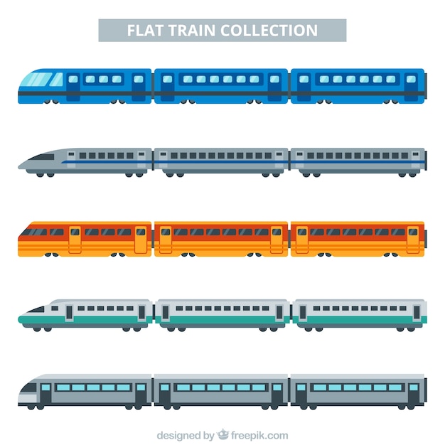 Vector gratuito colección de trenes multicolor con diseño plano