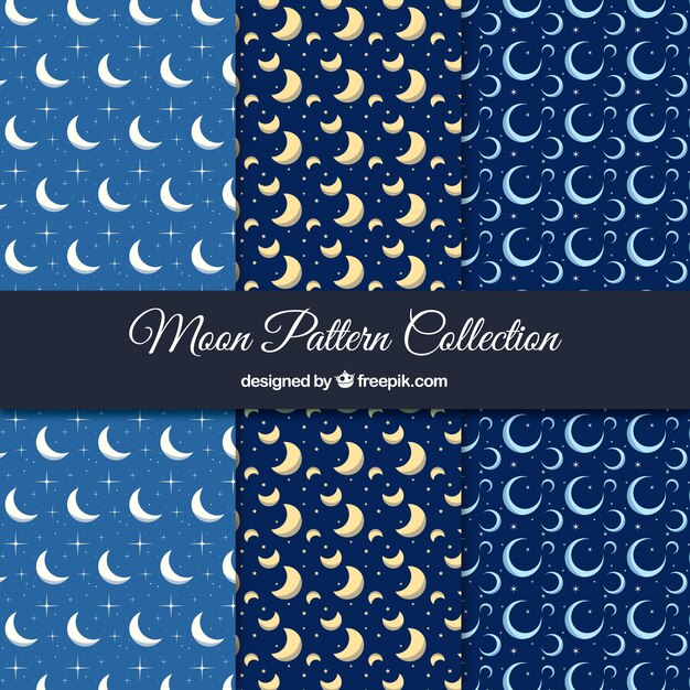 Colección de tres patrones con lunas en diseño plano