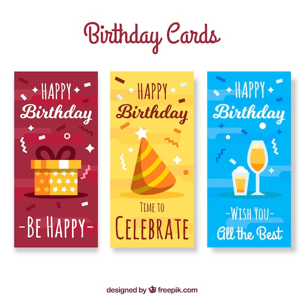 Colección de tres tarjetas de cumpleaños en diseño plano