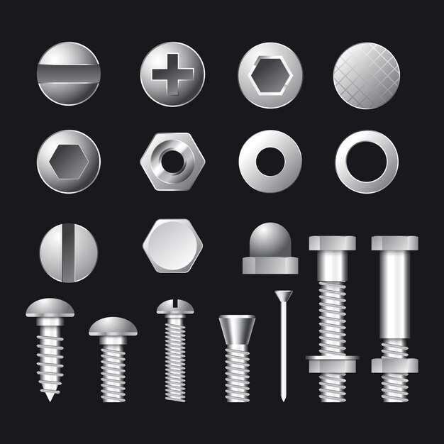 Colección de tuercas y tornillos realistas de la industria.