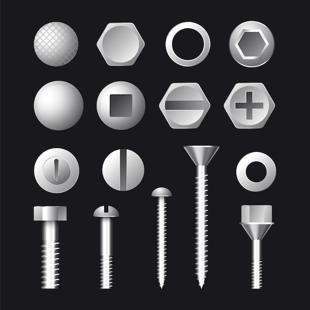 Colección de tuercas y tornillos realistas de la industria.