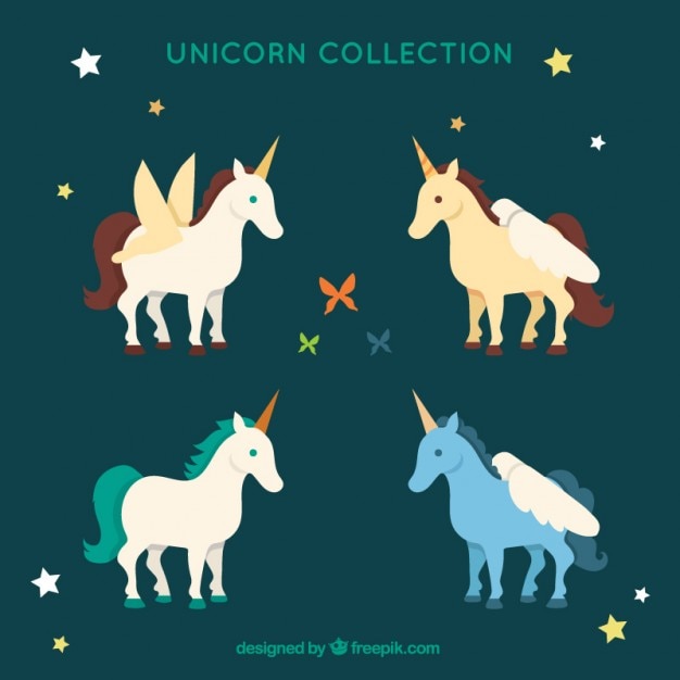 Vector gratuito colección de unicornios de colores con estrellas