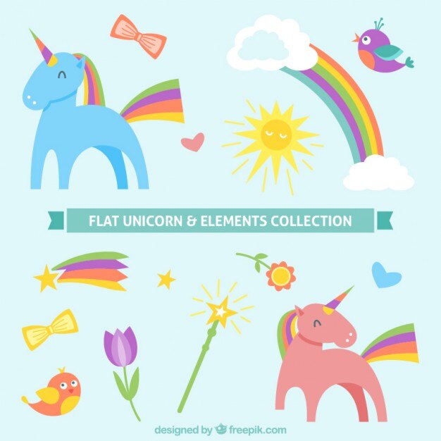 Colección de unicornios y elementos planos