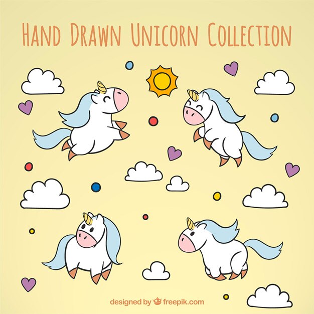 Vector gratuito colección de unicornios felices dibujados a mano