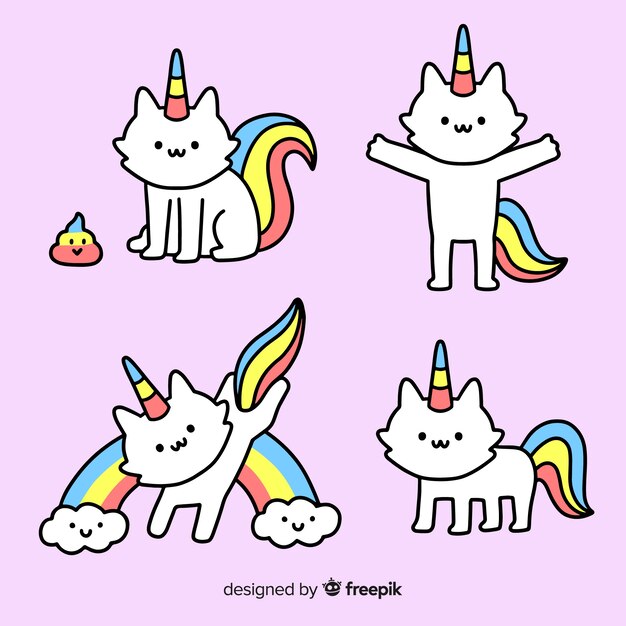 Colección unicornios kawaii dibujados a mano