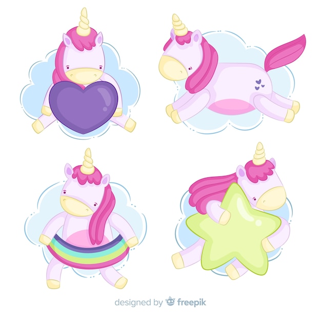 Colección unicornios kawaii dibujados a mano