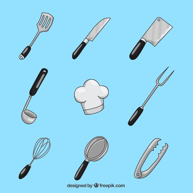 Colección de utensilios de cocina dibujados a mano 