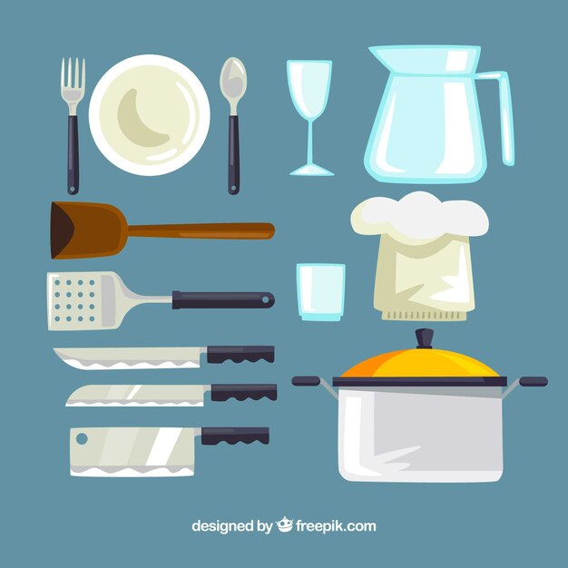 Colección de utensilios de cocina y gorro de chef