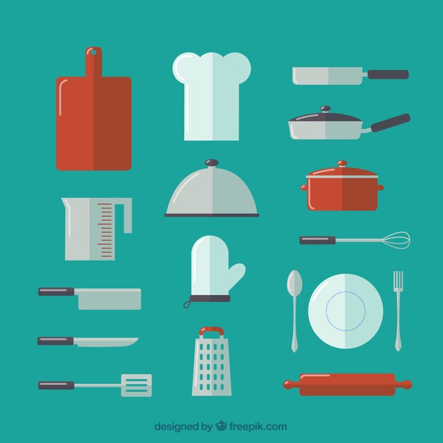 Colección de utensilios de cocina y gorro de chef