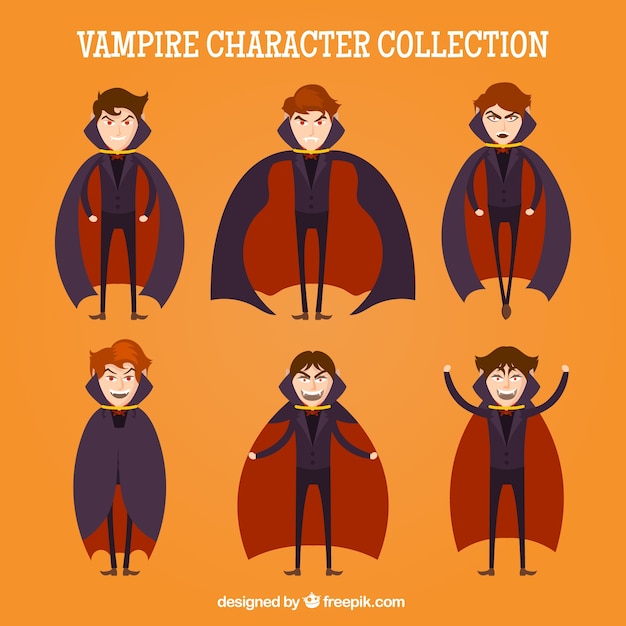 Vector gratuito colección de vampiros con capa en diseño plano