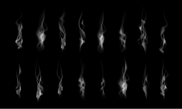 Colección de vapor de humo blanco realista, ondas de café, té, cigarrillos, comida caliente aislada sobre fondo negro. ilustración vectorial