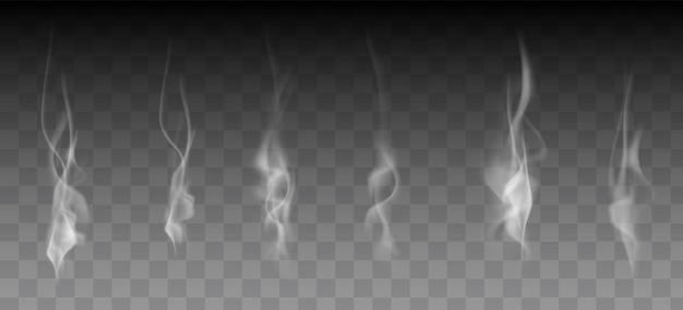 Colección de vapor de humo blanco realista, ondas de café, té, cigarrillos, comida caliente aislada sobre fondo transparente. ilustración vectorial