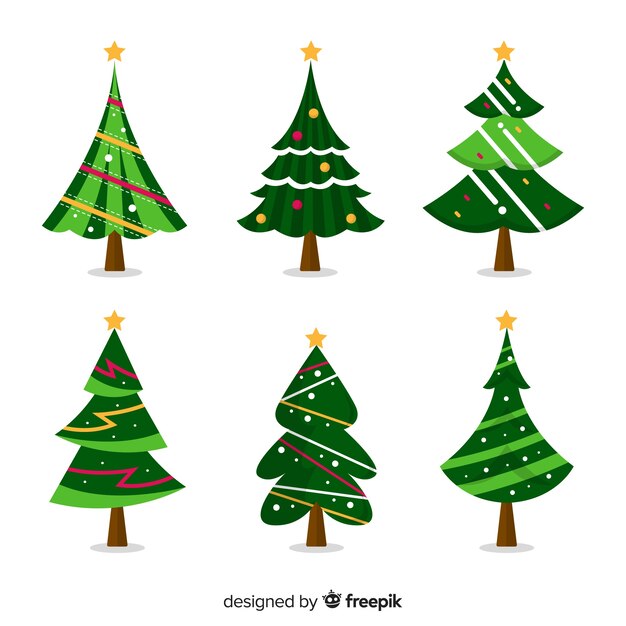 Colección de varios árboles de navidad en diseño flat