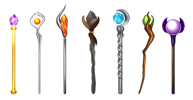 Colección de varitas mágicas decoradas con piedras preciosas conjunto realista aislado en ilustración de vector de fondo blanco