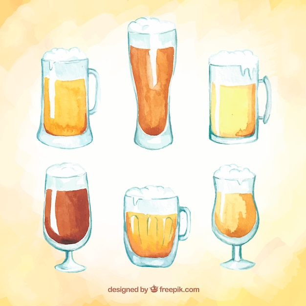 Vector gratuito colección de vasos y jarras de cerveza de acuarela