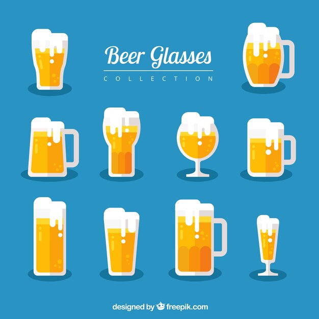 Colección de vasos y tazas de cerveza planos