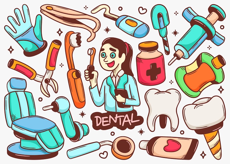 Vector gratuito colección de vectores de color dibujados a mano de doodle dental