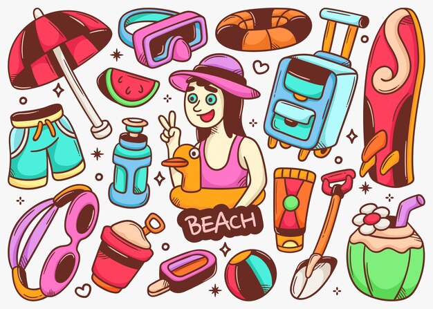 Colección de vectores de color dibujados a mano de Doodle de playa