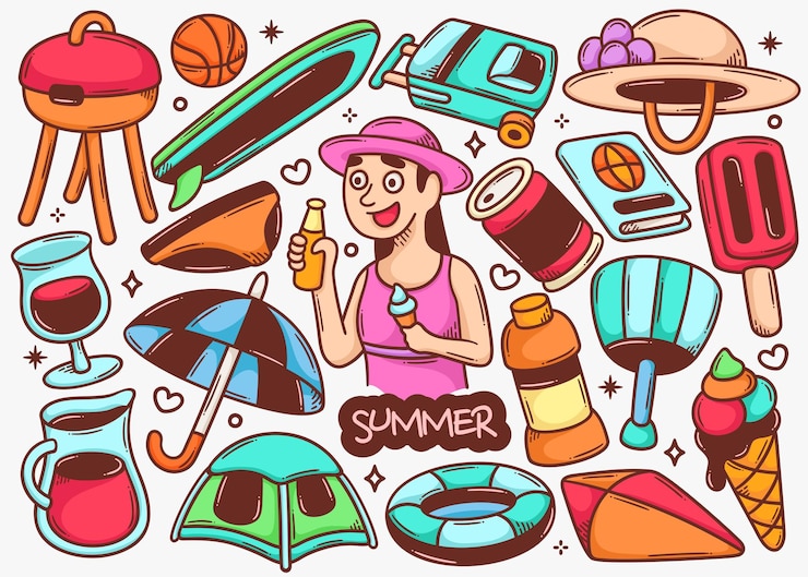 Vector gratuito colección de vectores de color dibujados a mano de doodle de verano