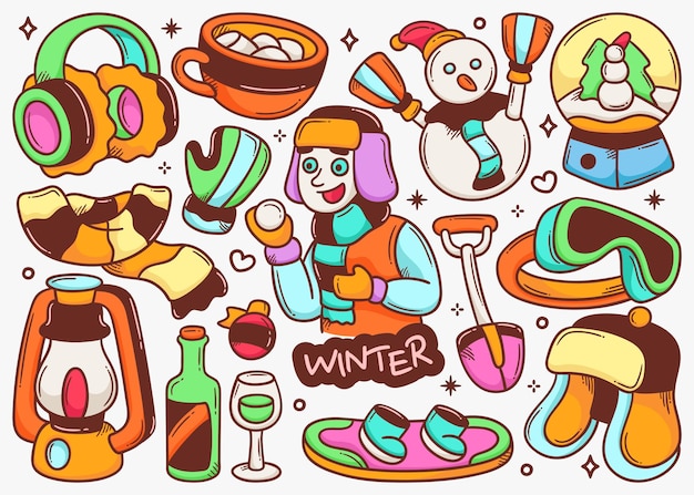 Vector gratuito colección de vectores de color dibujados a mano de invierno doodle