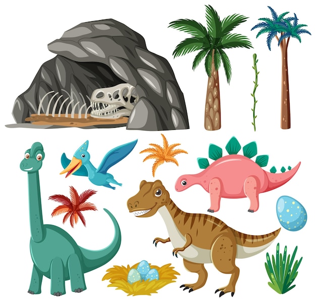 Vector gratuito colección de vectores de dinosaurios y elementos naturales