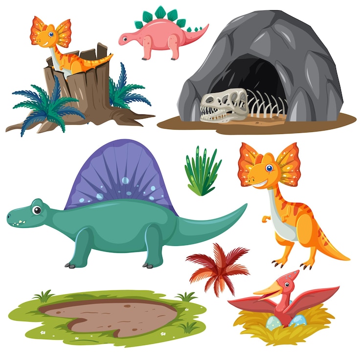 Vector gratuito colección de vectores de dinosaurios y elementos naturales