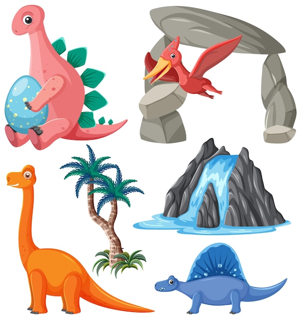 Vector gratuito colección de vectores de dinosaurios y elementos naturales