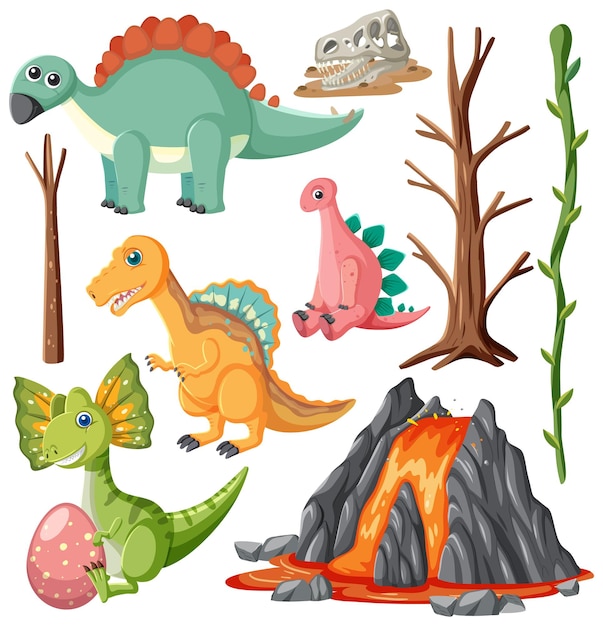 Colección de vectores de dinosaurios y elementos naturales