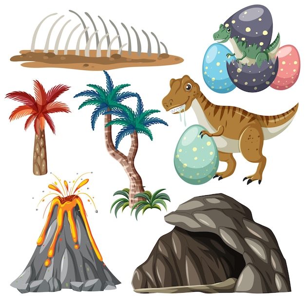 Vector gratuito colección de vectores de dinosaurios y elementos naturales