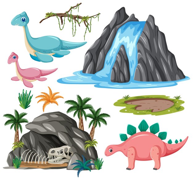 Colección de vectores de dinosaurios y elementos naturales