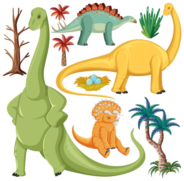 Vector gratuito colección de vectores de elementos de dinosaurios y naturaleza