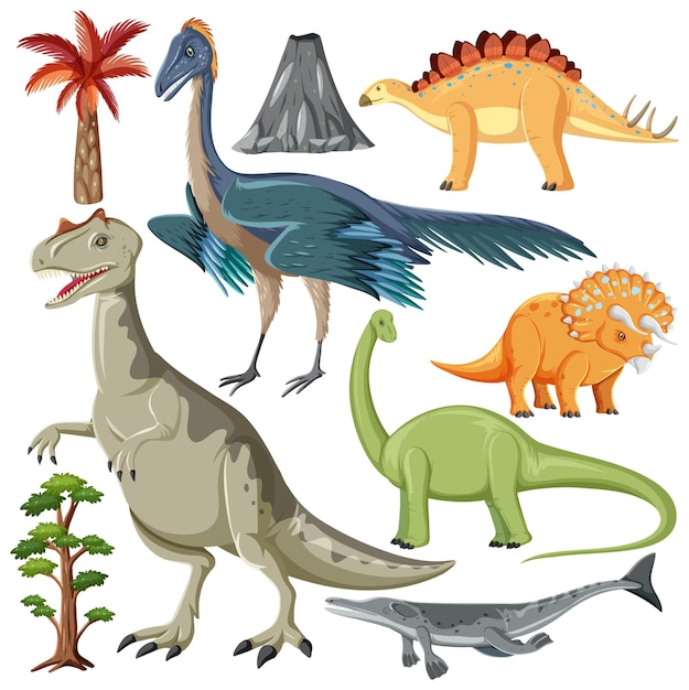 Colección de vectores de elementos de dinosaurios y naturaleza