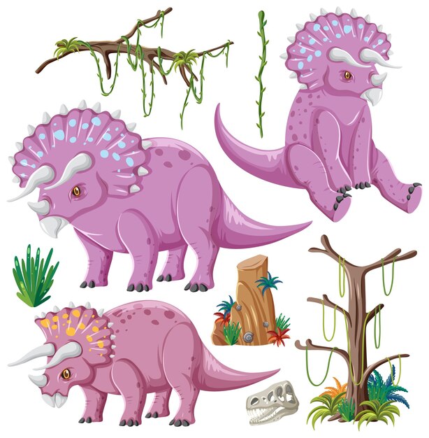 Colección de vectores de elementos de dinosaurios y naturaleza