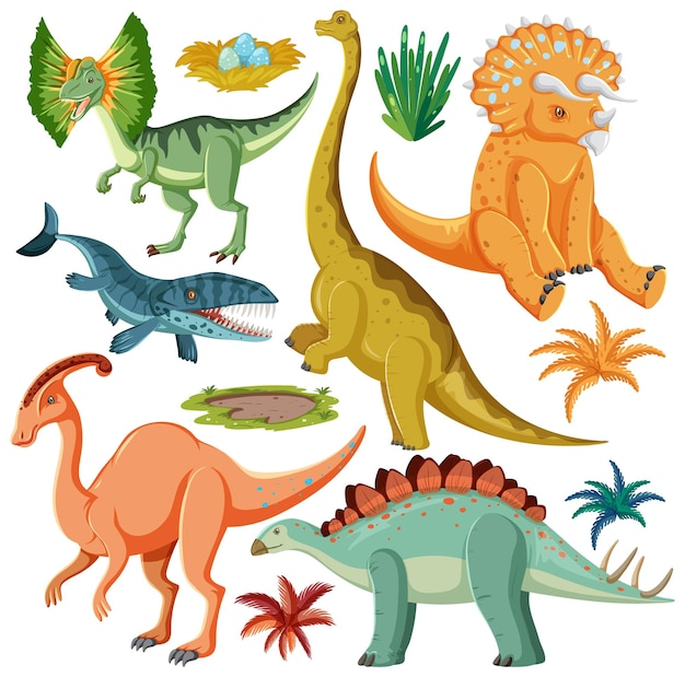 Vector gratuito colección de vectores de elementos de dinosaurios y naturaleza