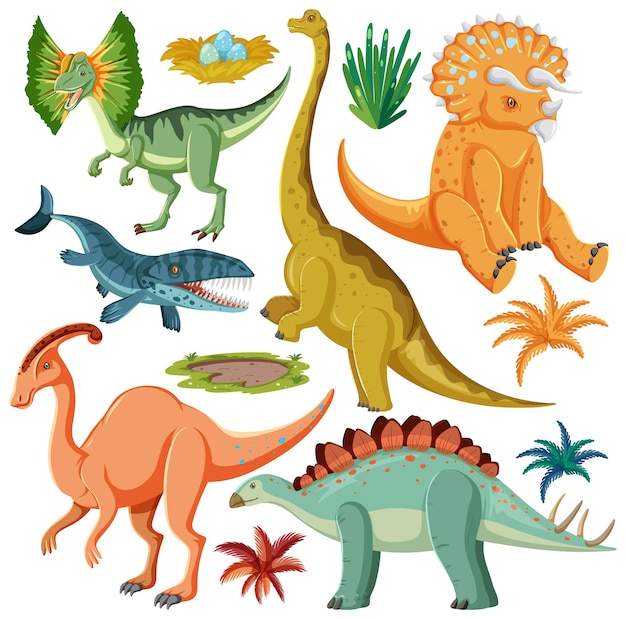 Colección de vectores de elementos de dinosaurios y naturaleza