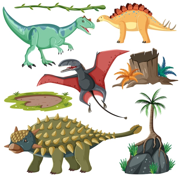 Colección de vectores de elementos de dinosaurios y naturaleza