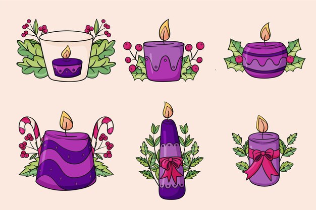 Colección velas de adviento dibujadas a mano