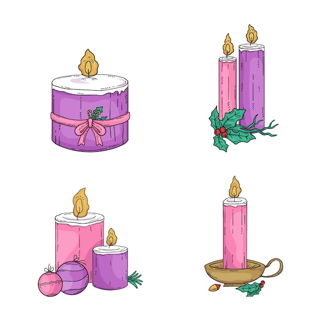 Colección velas de adviento dibujadas a mano