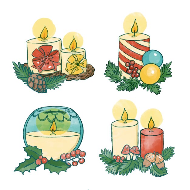 Colección de velas de navidad de acuarela