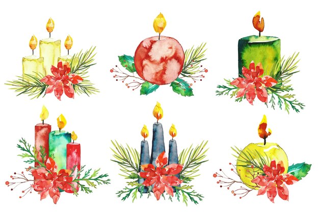 Colección de velas de navidad de acuarela