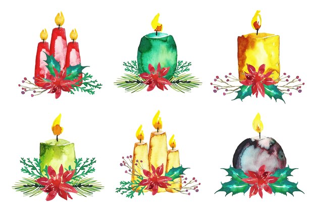 Colección de velas de navidad en acuarela