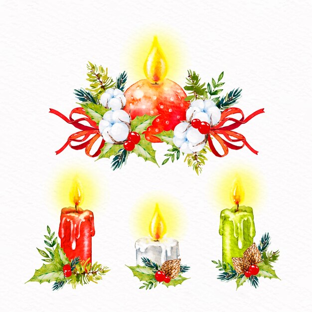 Colección de velas de navidad de acuarela