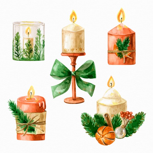 Colección de velas de navidad de acuarela