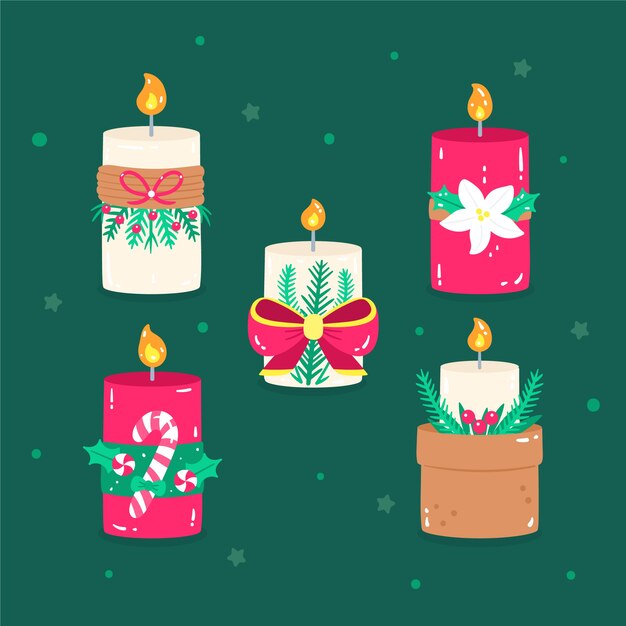 Colección de velas de navidad dibujadas a mano sobre fondo verde